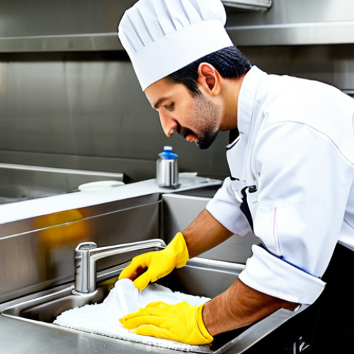 **

"A brightly lit commercial kitchen, stainless steel surfaces gleaming, a chef in professional attire washing hands thoroughly at a sink, fully clothed, appropriate content, safe for work, perfect anatomy, natural proportions, emphasizing cleanliness and hygiene, modest, professional"

**