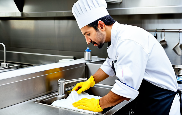 **

"A brightly lit commercial kitchen, stainless steel surfaces gleaming, a chef in professional attire washing hands thoroughly at a sink, fully clothed, appropriate content, safe for work, perfect anatomy, natural proportions, emphasizing cleanliness and hygiene, modest, professional"

**