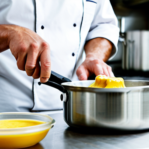 Mastering the Sauce**

A determined chef in a clean, well-lit kitchen, fully clothed in a professional chef's uniform, meticulously stirring a béchamel sauce in a stainless steel saucepan. Focus on the texture of the sauce and the chef's focused expression. Background includes various kitchen utensils and ingredients. Safe for work, appropriate content, perfect anatomy, correct proportions, professional.

**