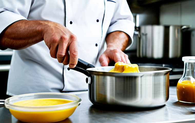 Mastering the Sauce**

A determined chef in a clean, well-lit kitchen, fully clothed in a professional chef's uniform, meticulously stirring a béchamel sauce in a stainless steel saucepan. Focus on the texture of the sauce and the chef's focused expression. Background includes various kitchen utensils and ingredients. Safe for work, appropriate content, perfect anatomy, correct proportions, professional.

**