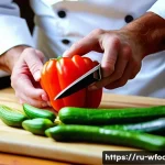 양식조리 기능사에서 자주 출제되는 문제 - **Prompt for "The Art of Precision Knife Skills":**
    A close-up, high-angle shot of a professiona...