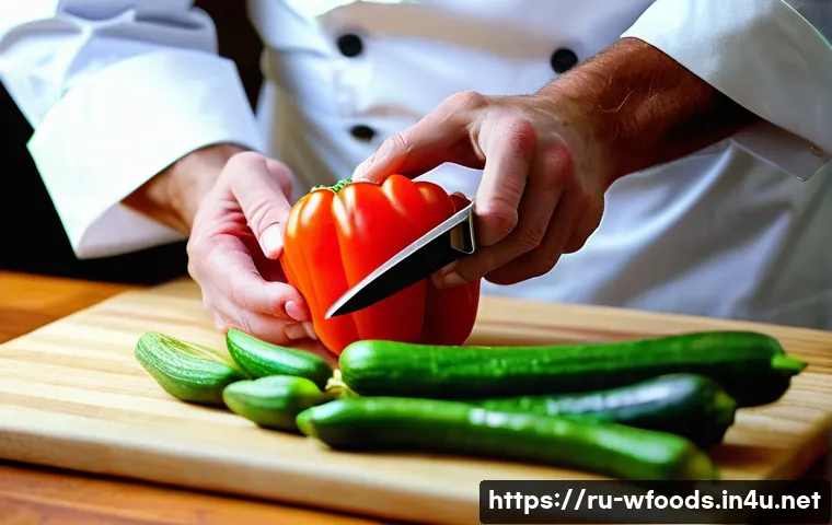 양식조리 기능사에서 자주 출제되는 문제 - **Prompt for "The Art of Precision Knife Skills":**
    A close-up, high-angle shot of a professiona...