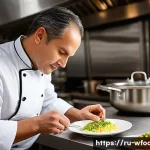 양식조리사와 푸드 스타일리스트의 차이 - A professional male chef, mid-40s, with a focused expression, wearing a crisp white chef's jacket, e...