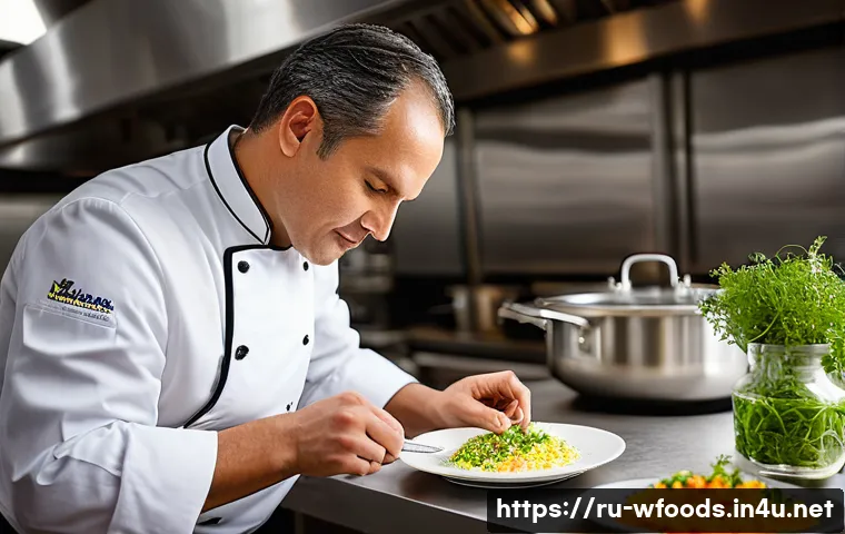 양식조리사와 푸드 스타일리스트의 차이 - A professional male chef, mid-40s, with a focused expression, wearing a crisp white chef's jacket, e...