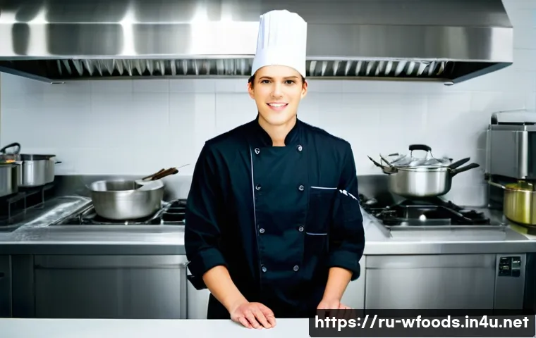 양식조리 실기 시험 채점관이 보는 포인트 - **Prompt 1: The Professional Chef's Confident Entrance at a Culinary Exam**
    "A young, determined...