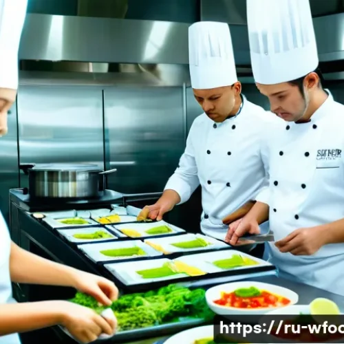 호텔 조리사로 이직하기 위한 전략 - A bustling hotel kitchen scene with professional chefs in clean white uniforms and aprons, skillfull...