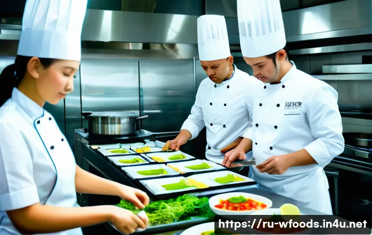 호텔 조리사로 이직하기 위한 전략 - A bustling hotel kitchen scene with professional chefs in clean white uniforms and aprons, skillfull...