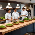 양식조리 기능사 학습 방법별 장단점 - A cozy modern kitchen setting with a diverse group of adult students participating in a live cooking...
