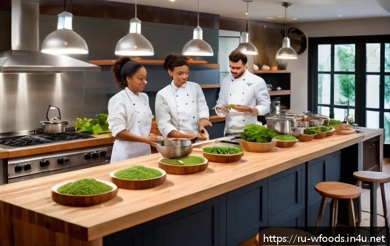양식조리 기능사 학습 방법별 장단점 - A cozy modern kitchen setting with a diverse group of adult students participating in a live cooking...