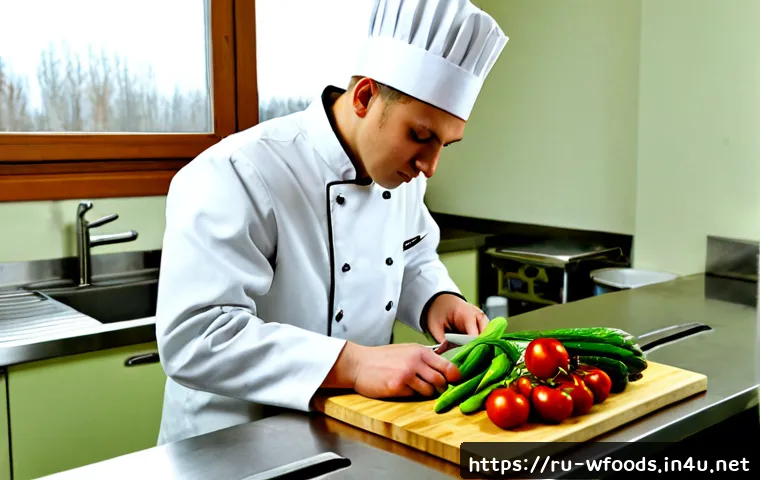 양식조리 기능사 시험에서 평가되는 항목 - Photorealistic practical culinary skills examination in a clean Russian vocational kitchen, adult st...